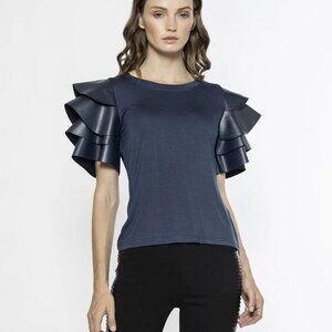 NWT GARCIA JESSIE'S GIRL SIZE M TIERED LEATHER LOOK RUFFLE SLEEVE TOP